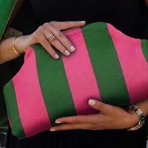 Pink Green Stripe Hard Open Top  Clutch Bag Knit Textured Statement Handbag
